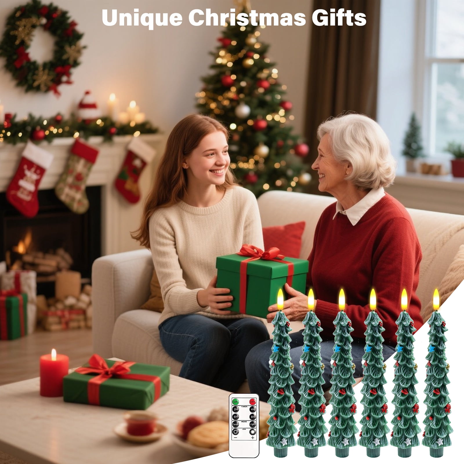 Christmas Tree Flameless Candles, 6PCs Flickering LED Taper Candles with Remote & Timer, Dimmable Electric Candlesticks Battery Operated, Real Wax Christmas Candles for Home Holiday Decor