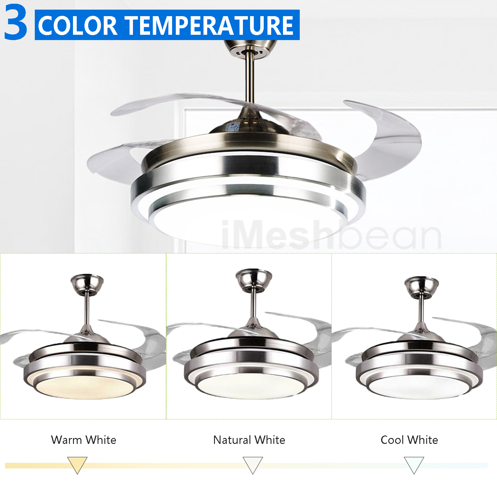 iMeshbean 42" LED Chandelier Invisible Ceiling Fan Light Ceiling Lamp Retractable w/Remote Control, 3 Light Color Changing