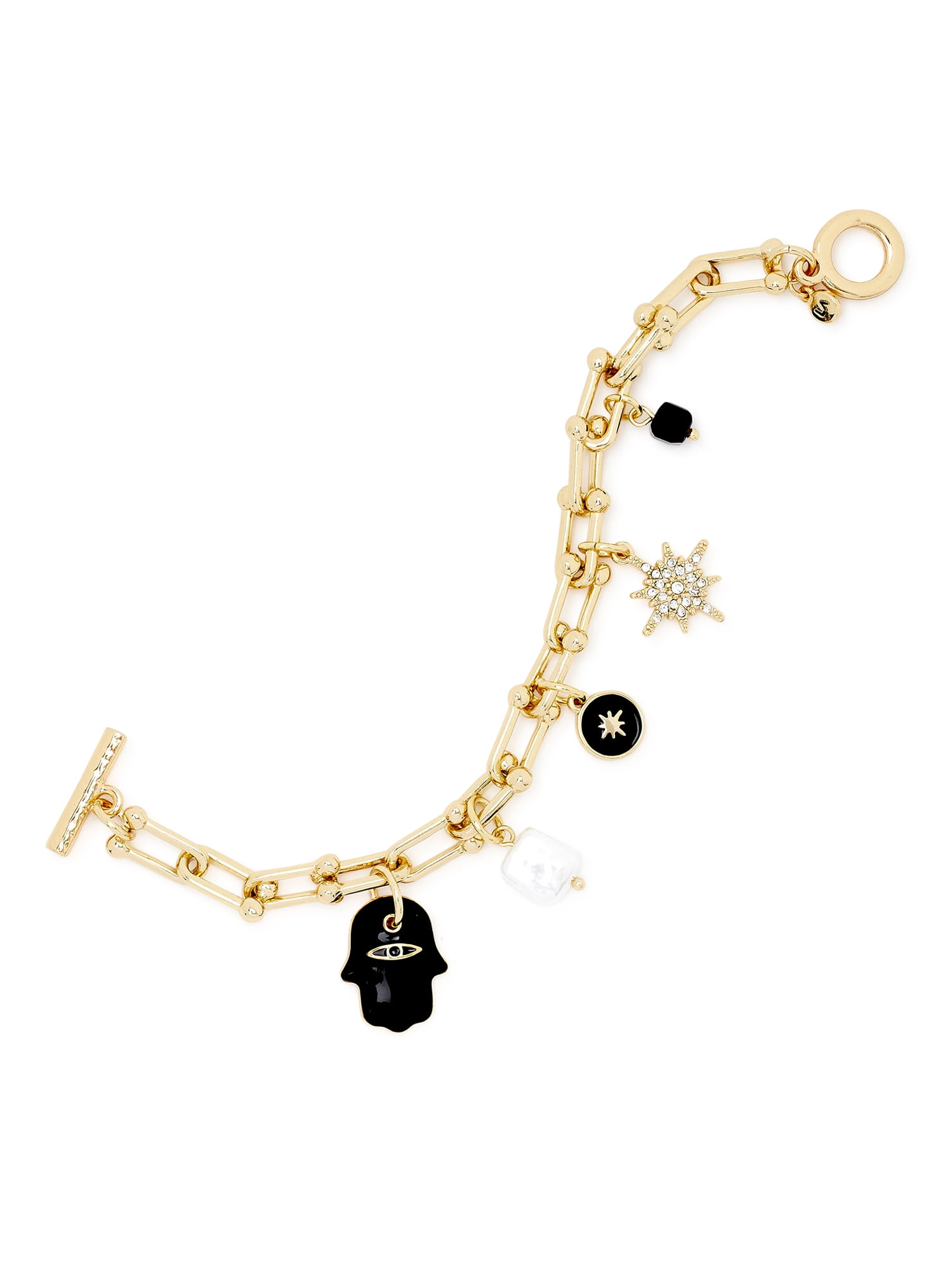 Scoop Womens Gold-Tone Hamsa, Pearl, Coin, Star Charm Toggle Bracelet