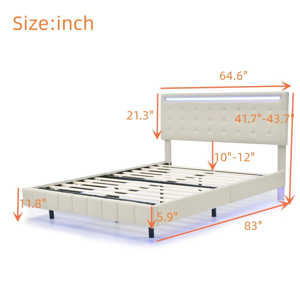 Queen Size Floating Bed Frame with LED Lights and USB Charging Station, Modern Platform Bed with Headboard,Wood Slats Support,No Box Spring Needed,Beige+Linen