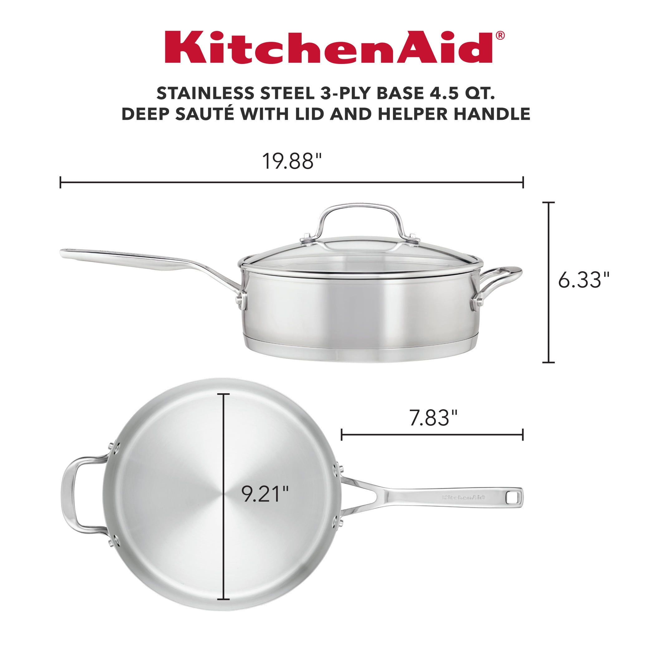 KitchenAid 3-Ply Base 4.5 Quart Stainless Steel Induction Sauté Pan with Helper Handle and Lid, Metal Utensil and Dishwasher Safe and Oven Safe to 500°F, Brushed Stainless Steel