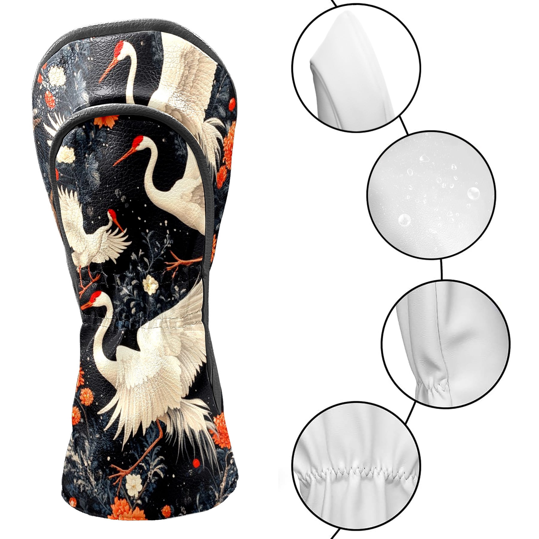 Golf Head Covers - White Crane Design, Premium Waterproof PU Leather, Plush Lining, Fits Driver/Hybrid, Elegant Bird Golf Gift