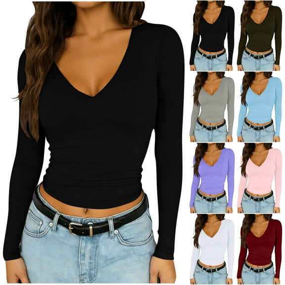 Otntypg Womens Casual V Neck Long Sleeve Shirts Trendy Solid Color Going Out Double Lined Crop Tops Slim Fitted Basic Workout Tee Shirt Blue L