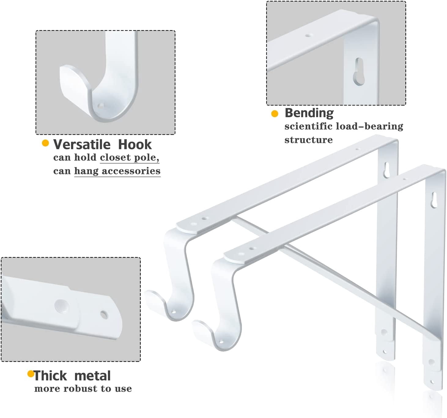 KOLAKO Closet Rod Brackets, Heavy Duty Shelf Brackets, Wall Mounted Metal Clothes Hanger Pole Support Hooks,10.9X 10.2 inch, 2 Pack, White