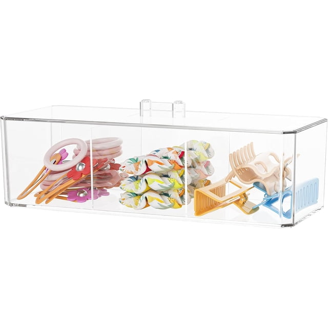 Hair Accessories Organizer for Girls, Clear Hair Bow Tie Clip Scrunchie Holder Organizer with Removable Divider, Cute Small Stackable Storage Drawer Container Caddy Box, Kids Women Vanity Accessories
