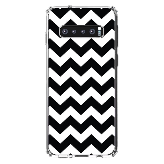 DistinctInk Clear Shockproof Hybrid Case for Samsung Galaxy S10 (6.1" Screen) - TPU Bumper, Acrylic Back, Tempered Glass Screen Protector - Black & White Stripes - Stripes Pattern