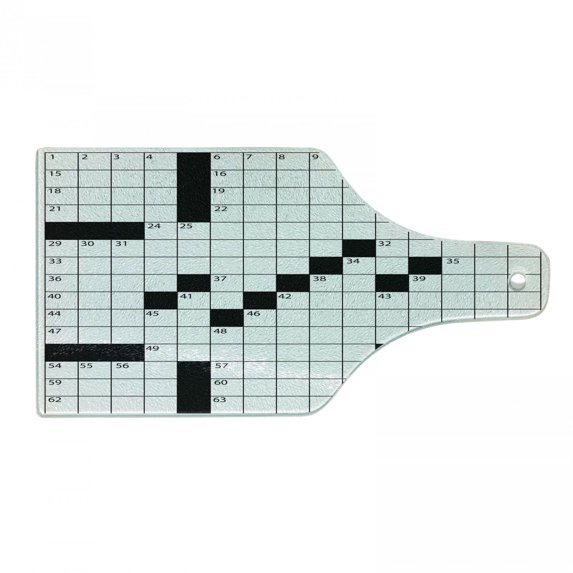 Word Search Puzzle Cutting Board, Blank Newspaper Style Crossword Theme Numbers in Word Grid, Decorative Tempered Glass Cutting and Serving Board, Wine Bottle Shape, Black and White, by Ambesonne