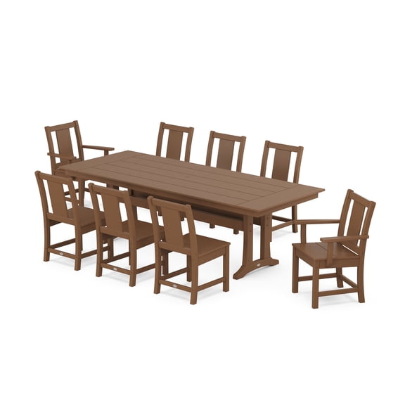 POLYWOOD Prairie 9-Piece Farmhouse Dining Set with Trestle Legs in Teak