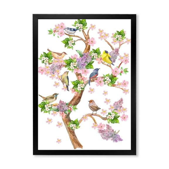 Tree With Colorful Birds Sitting On Flowering Branches 30 in x 40 in Framed Painting Canvas Art Print, by Designart