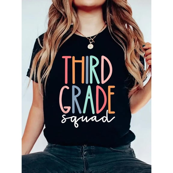 100% Cotton Third Grade Squad 3rd Grade Teacher Crew Back to School Team T-Shirt Women's Graphic Tee Casual Tops
