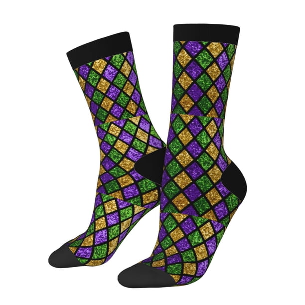 Fotbe Mardi Gras Shiny Green Purple Calcetas Largas con Estampado para Hombre y Mujer – Calcetas de Compresión Transpirables y Elásticas, Viajar y Uso Diario Talla 5-11