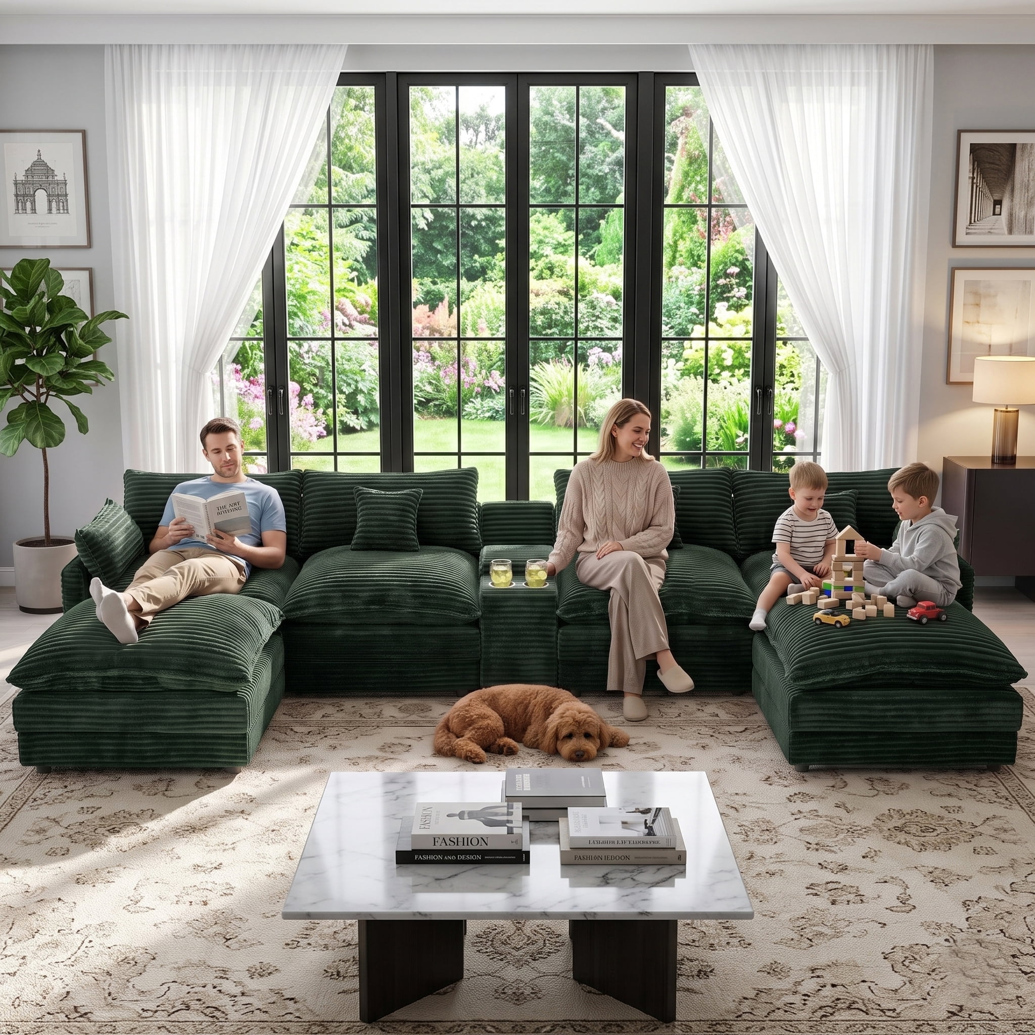 Wakefit 141" U Shaped Sectional Couch, Oversized Modular Sectional Sofa, 5 Seater Corduroy Cloud Couch with Hidden Storage, USB Ports & Cup Holders for Living Room, Green