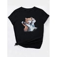 thumbnail image 3 of Camiseta con estampado de gato del Titanic - Beige, 100 % algodón, cuello redondo, manga corta, lavable a máquina - Ropa informal para mujer, primavera/verano/otoño, top deportivo, 3 of 8