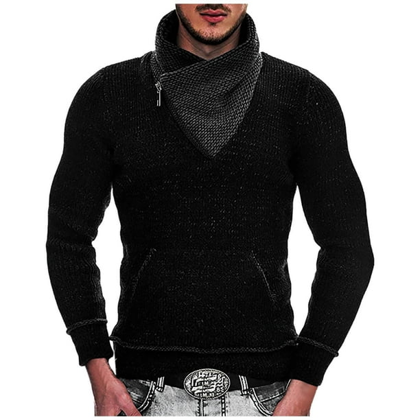 Moda hombre casual botón manga larga casual sólido cuello alto suéter blusa Pompotops oipoqjl39332