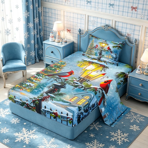 Manfei Christmas Cardinal Bird Twin Sheets 3pcs,Happy New Year Bedding,1 Flat Sheet,1 Fitted Sheet and 1 Pillowcase