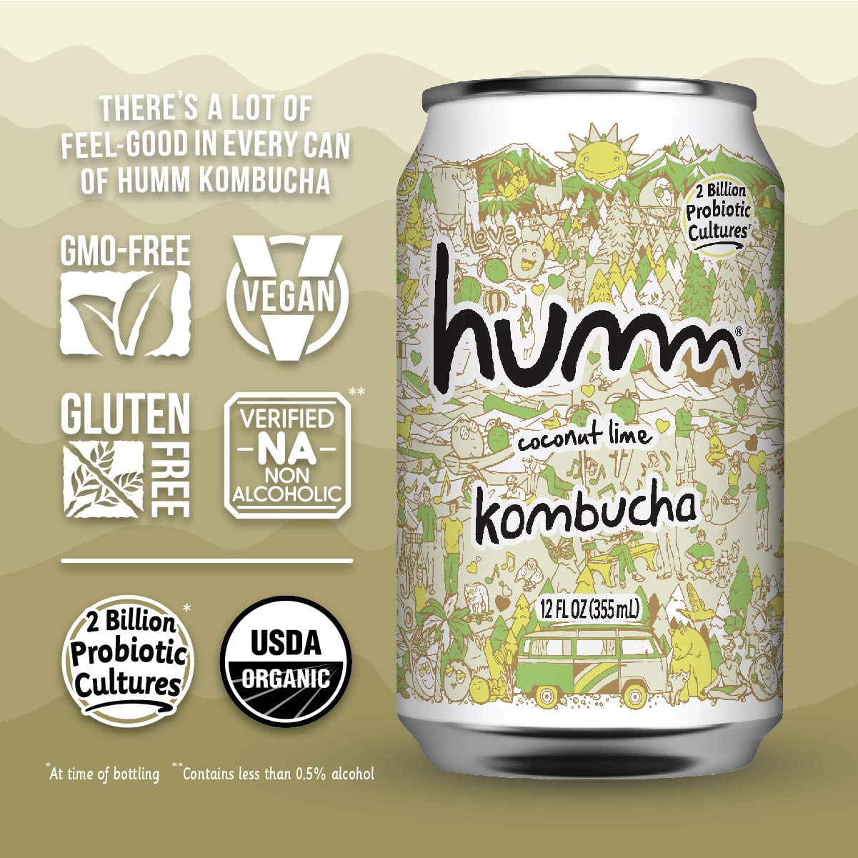 Humm Kombucha Tea, Coconut Lime, Probiotic, Organic, 12oz Can