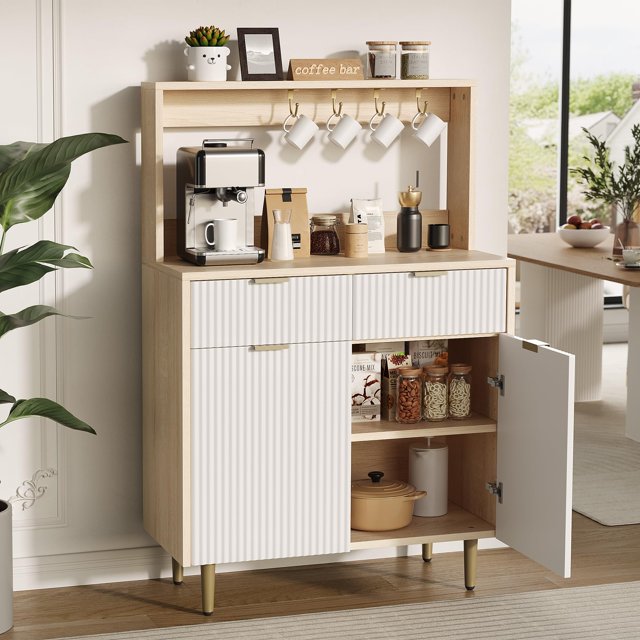 BeesClover Fluted Sideboard Buffet Cabinet with Storage, Modern Coffee Bar Cabinet with Adjustable Shelves and 2 Drawers, Wooden Buffet Console Table for Kitchen, Dining Room, Living Room