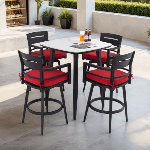 5PCs  Outdoor / indoor Patio Bar Set,Rounded Square Sintered Stone Table & 4 Swivel Bar Chairs,Non-Rust Aluminum Frame,Marble-Inspired Top,Bearing Swivel Plate,red Sunbrella Cushion