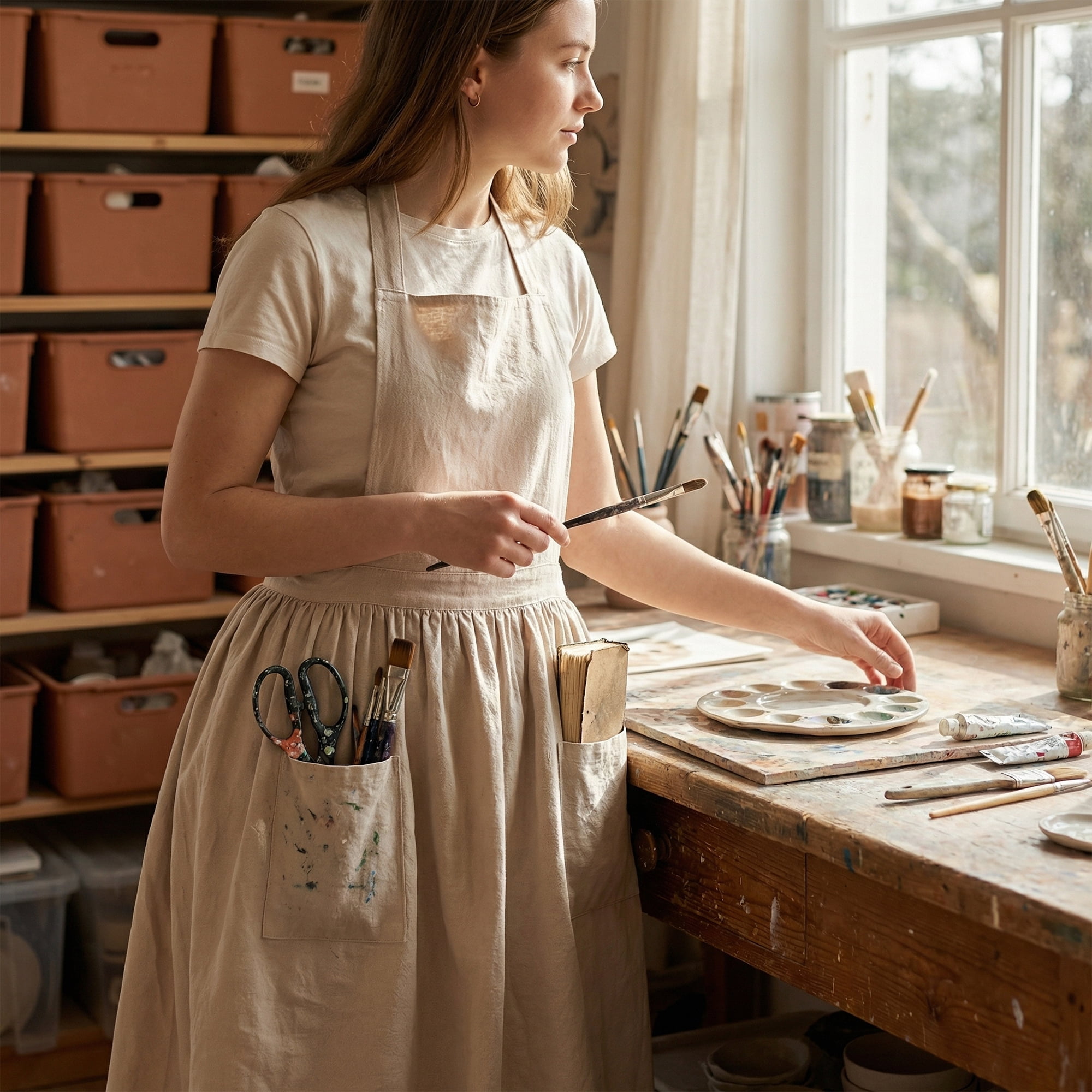Unique Bargains Women's Kitchen Apron Long Waist Cooking Apron 37.4x50.4in Cream