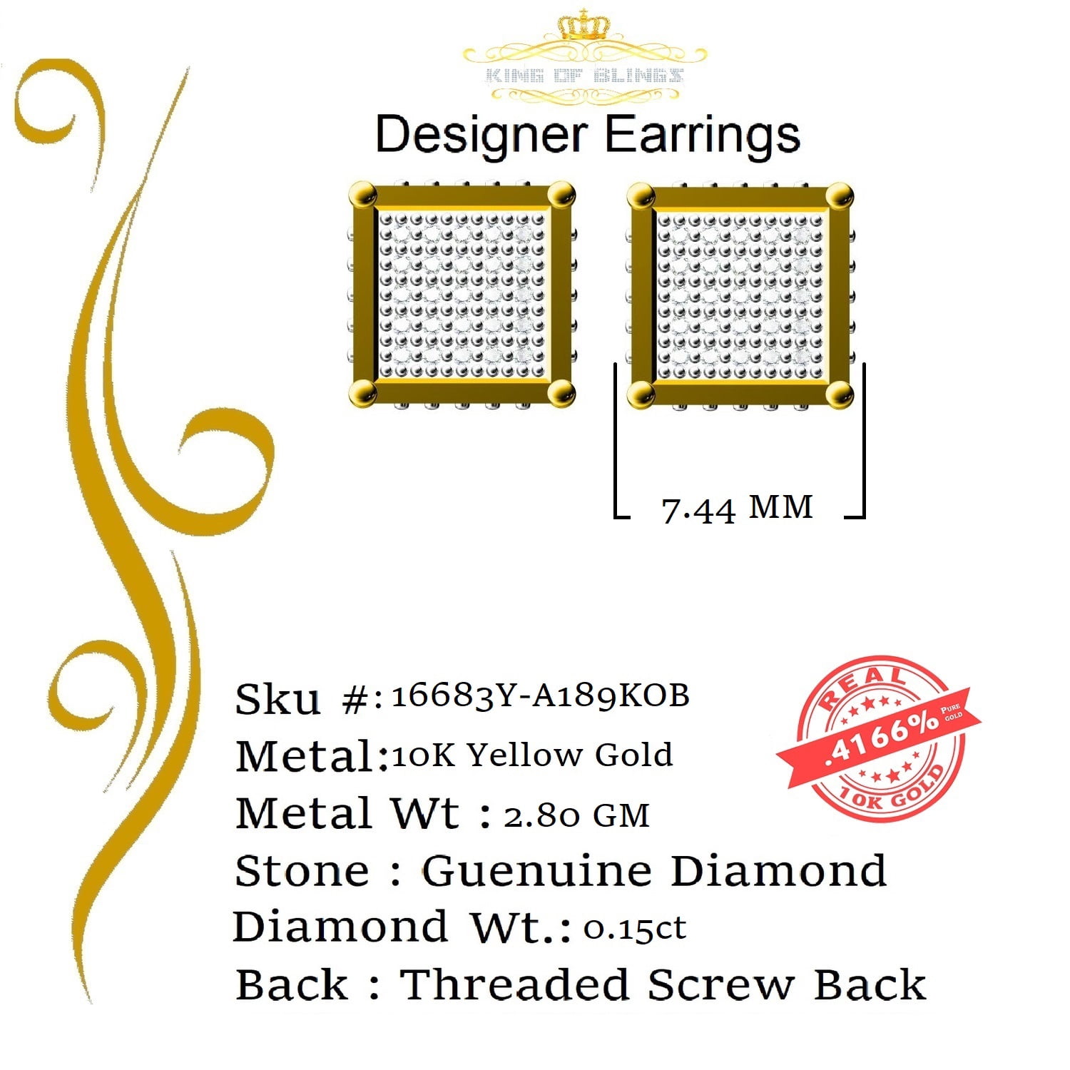 King of Bling's 10K Real Yellow Gold Real 0.15ct Diamond Square Stud Earring For Women And Men