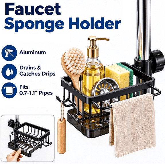 Aluminum Faucet Sponge Holder, Kitchen Sink Over Faucet Caddy Organizer, Drain Shelf for Soap Scrubber Brush, Fits 0.7-1.1" Round Pipes by Akmoler