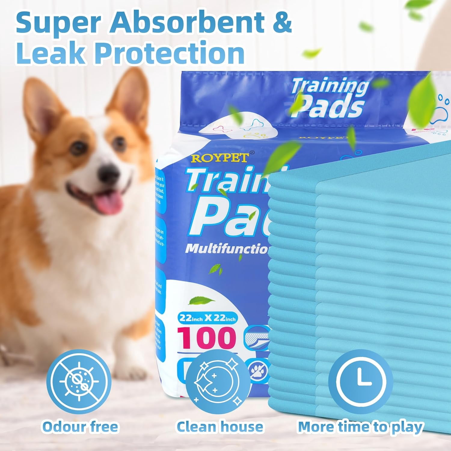22" x 22" Puppy Training Pads in Bag, 5-Layer Leak-Proof Design and Quick-Dry, Surface for Potty Training, Ultra Absorbent and Odor Eliminating, 100 Count, Blue & White