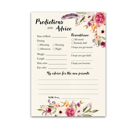 BOHO Prediction and Advice Cards - Pack of 25 - BOHEMIAN Pink GIRL Baby Shower Games, Floral Wishes for New Parents Mom & Dad to be Mommy & Daddy Message, Coed Shower Activity Keepsake Book G400-PDAV