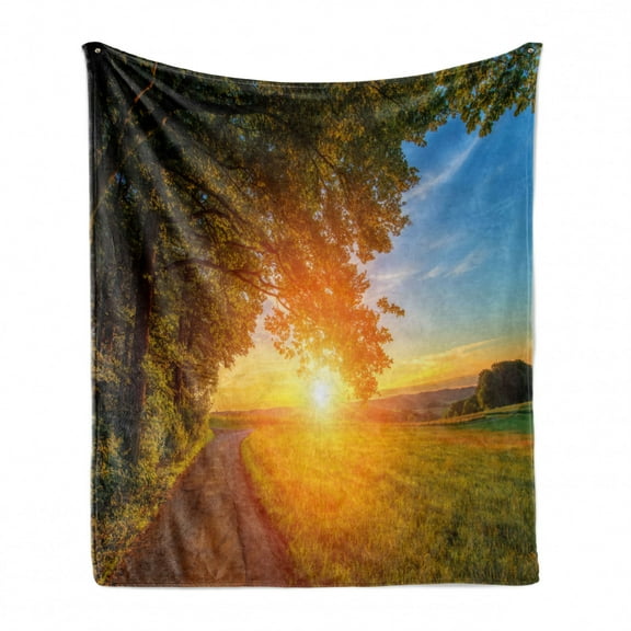 Wyoming Soft Flannel Fleece Throw Blanket, Tranquil Themed Fascinating Landscape Photo with a Path in Park at Sunset, Cozy Plush for Indoor and Outdoor Use, 50" x 60", Multicolor, by Ambesonne
