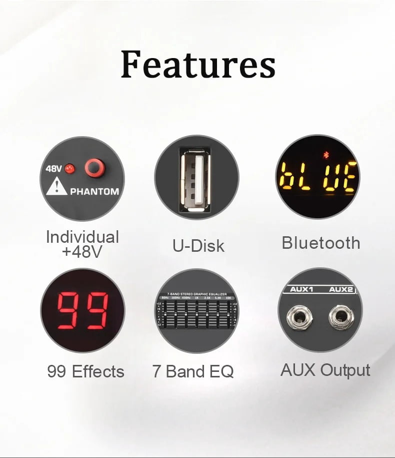 6 Channel Mixing Console 99 Effect 7 Band EQ Sound Mixer USB PC Record Bluetooth AUX DJ Controller