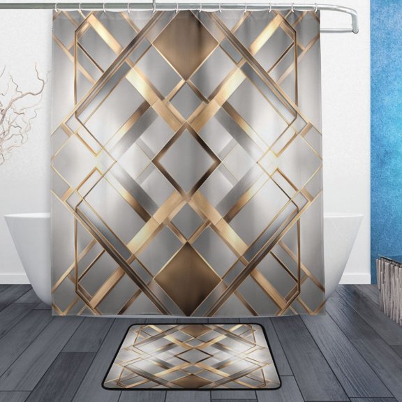 TTYFWHD 60" x 72" Shower Curtain and Bath Mat Set Layered Diamond Pattern Waterproof Bathroom Curtain with 12 Hooks, Bathroom Decor Set