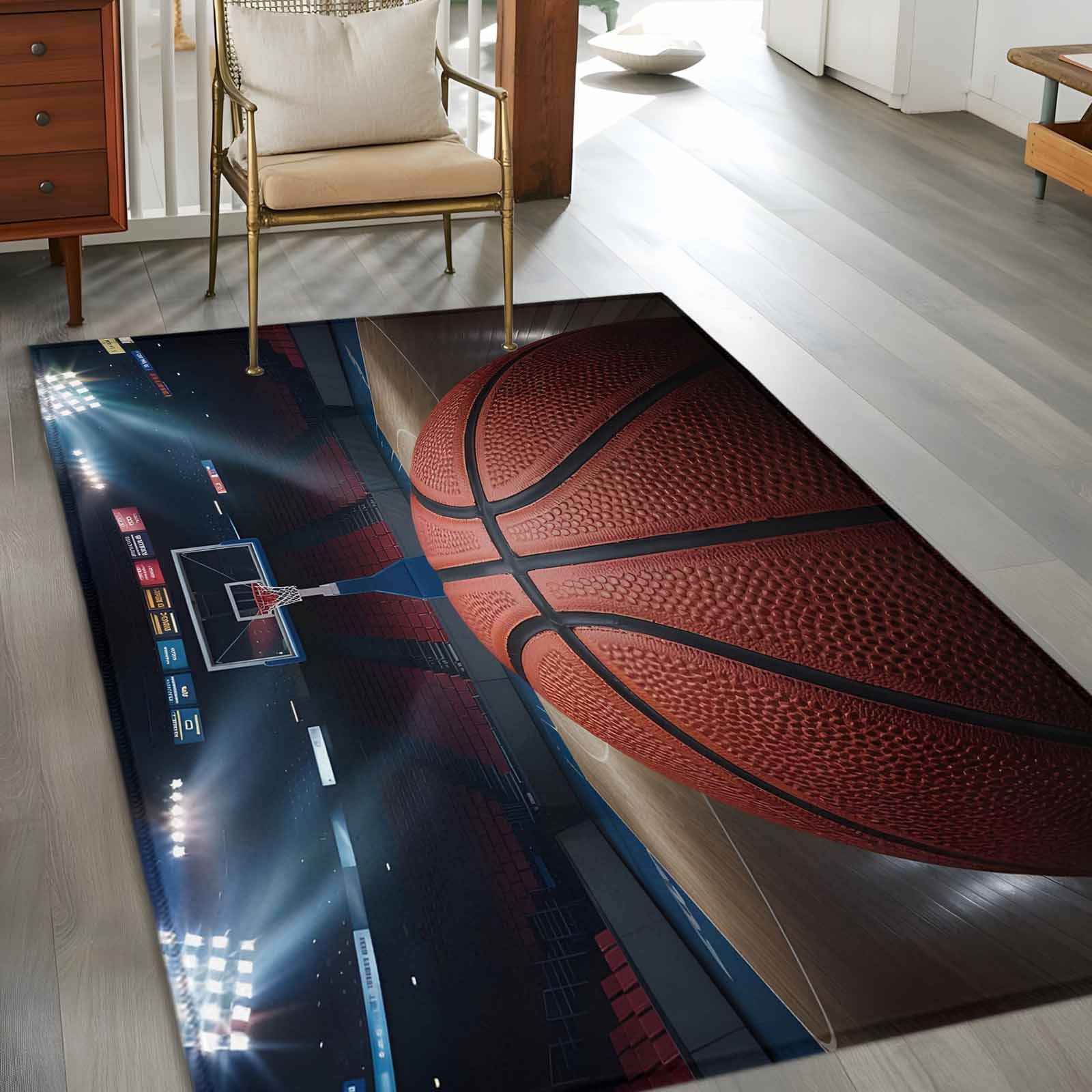 Area Rugs 2.7'x5', Basketball Carpet for Living Room Bedroom Dining Room, Sports Theme Stadium Field Lights Ball Throw Kitchen Rugs Non Slip Washable Rectangle Indoor Outdoor Rugs