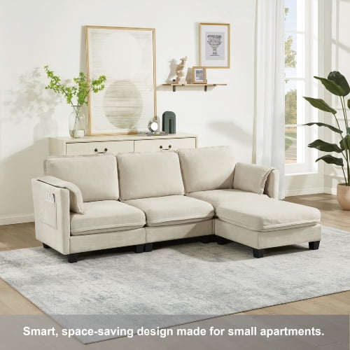 Howcool Cloud Couch Modular Sectional Sofa 3 Seat 93" L Shaped Convertible Couch Chenille Thick Cushion with Ottoman, Removable & Washable Cover for Living Room,Beige
