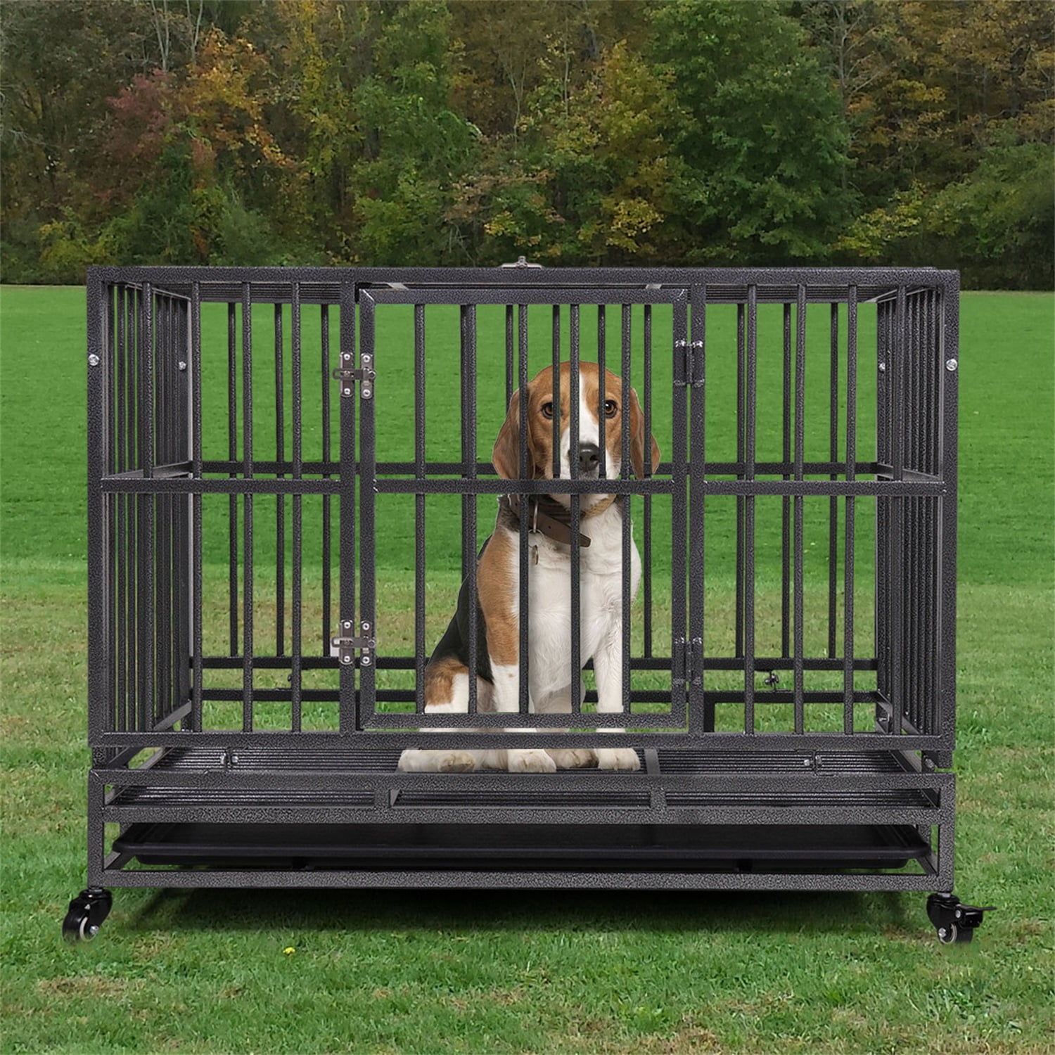 Pefilos 37" Large Dog House Indoor for Dogs, Heavy Duty Dog Crate, Escape Proof Dog Cage Kennel with Removable Tray and Wheels, Black, M Pefilos 37" Large Dog House Indoor for Dogs, Heavy Duty Dog Crate, Escape Proof Dog Cage Kennel with Removable Tray and Wheels, Black, M