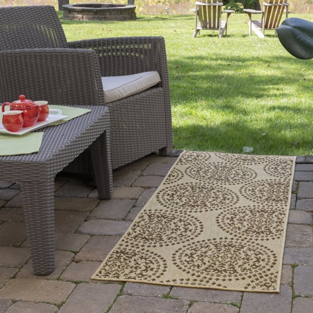 Ottomanson Jardin Collection Damask Medallions Indoor/Outdoor Jute