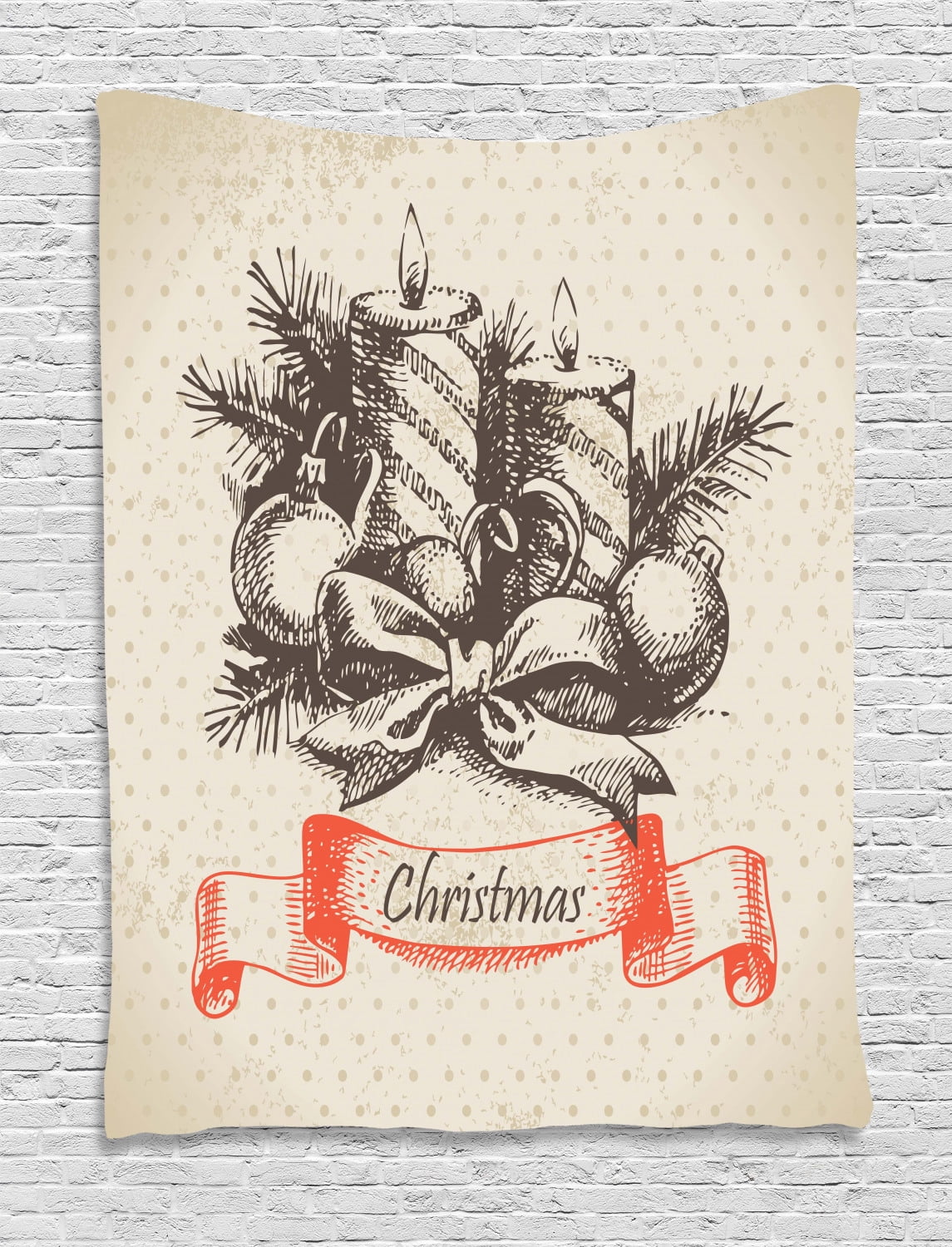 Vintage Christmas Tapestry Merry Xmas Theme Hand Drawn Candles Spruce Leaves On Polka Dots Wall Hanging For Bedroom Living Room Dorm Decor 60w X 80l Inches Brown Tan Vermilion By Ambesonne