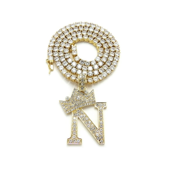 iJewelry2 Kings and Queens Crowned Initial Letter N Pendant Gold-tone CZ Tennis Chain Necklace 18''