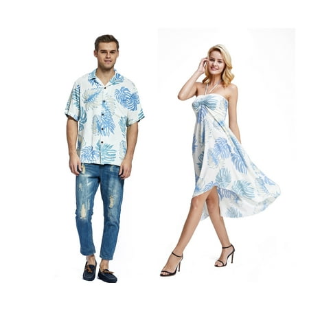 Couple Matching Hawaiian Luau Party Outfit Set Shirt Dress in White Palm Leaves Men M Women L
