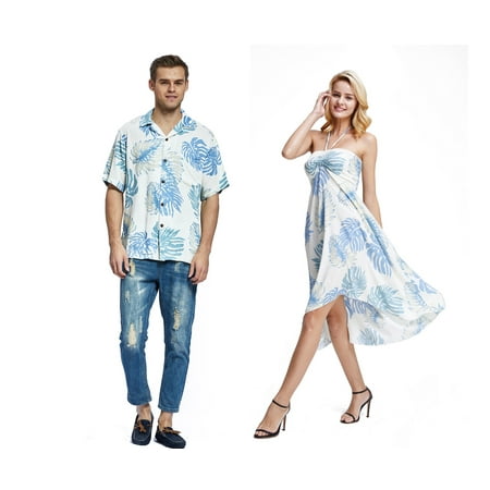 Couple Matching Hawaiian Luau Party Outfit Set Shirt Dress in White Palm Leaves Men M Women (Best Couples Fancy Dress)