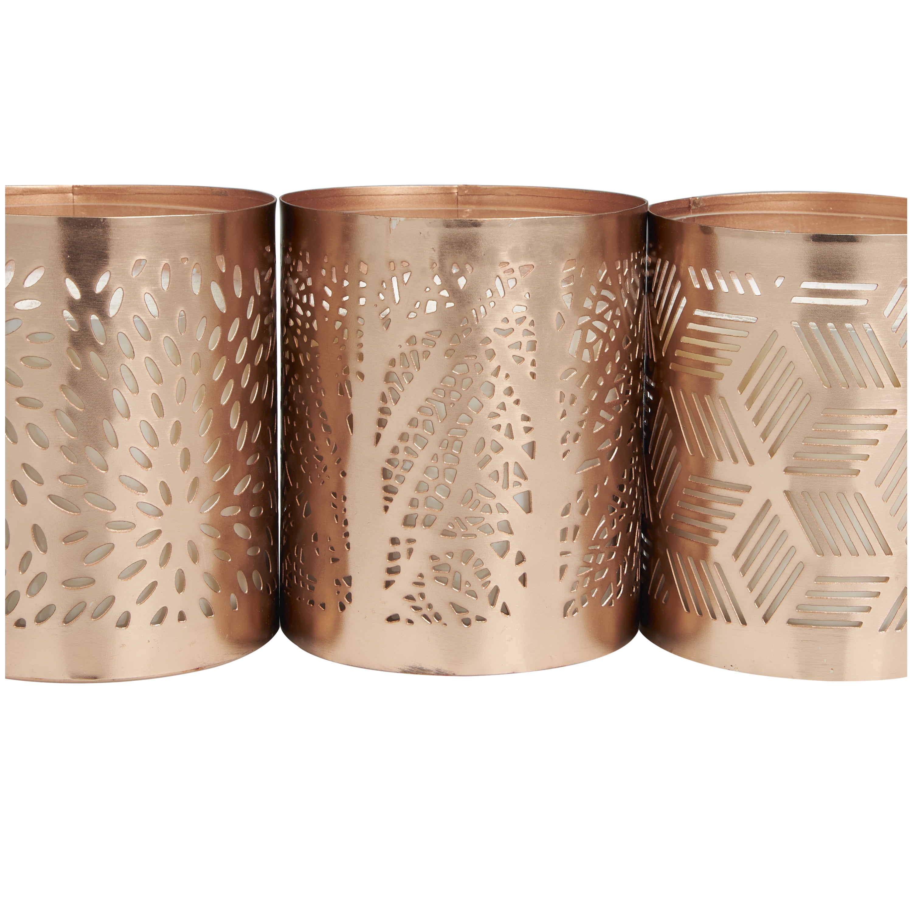 CosmoLiving by Cosmopolitan 3 Holder Copper Metal Geometric Campfire Scented 13 oz 1 Wick Candle with White Wax, (Set of 3)