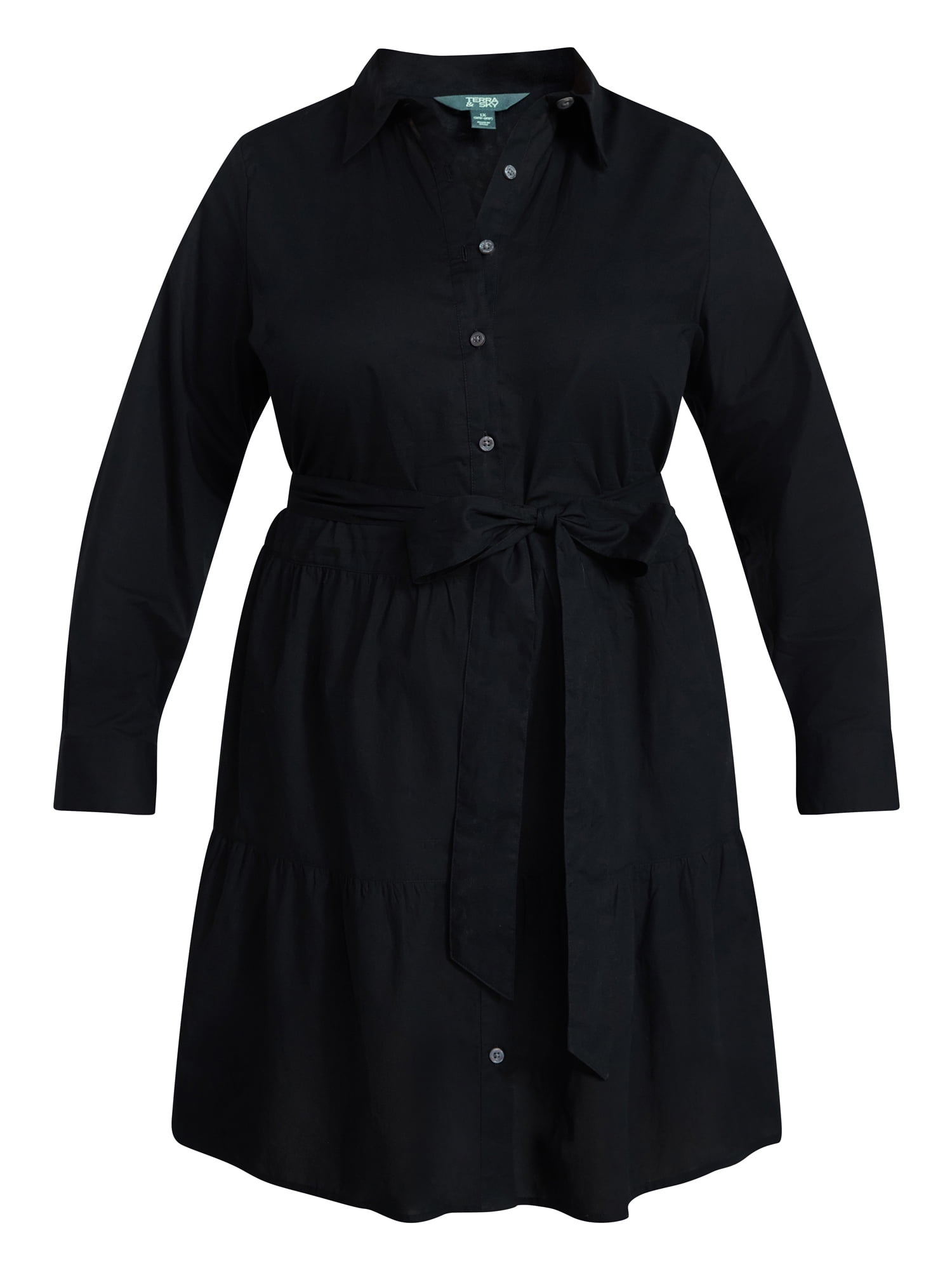 Terra & Sky Women's Plus Size Tiered Shirt Dress with Long Sleeves, Sizes 0X-5X