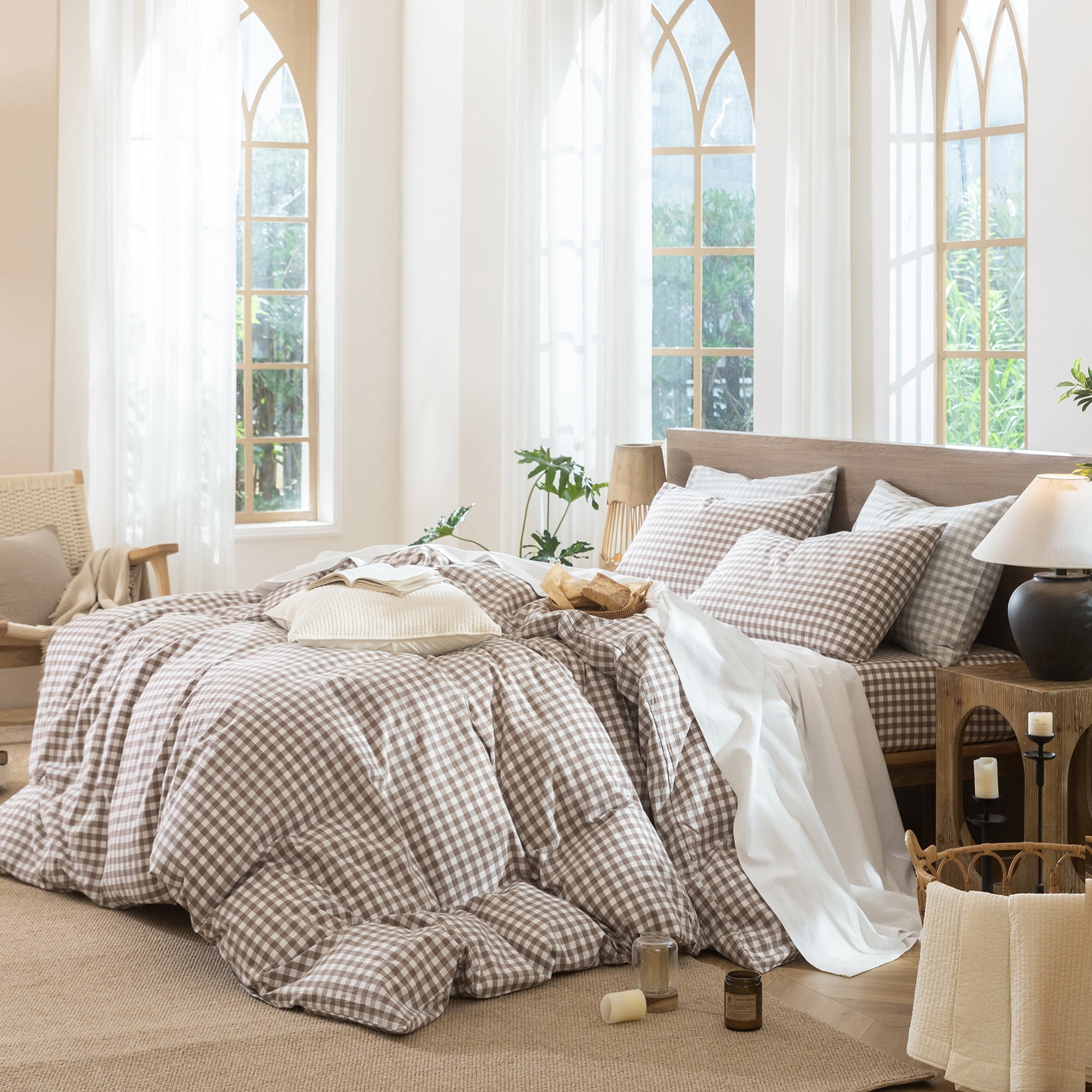 MooMee Gingham Duvet Cover Set Queen 100% Washed Cotton Linen Like Textured Breathable Lightweight 3-Piece (Brown, 90"x90")