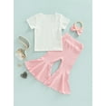thumbnail image 4 of Toddler Girl BellBottoms Outfit Letter Print T-Shirt + Ribbed Flared Trousers + Headband 3 Pcs Pant Clothing Sets, 4 of 8