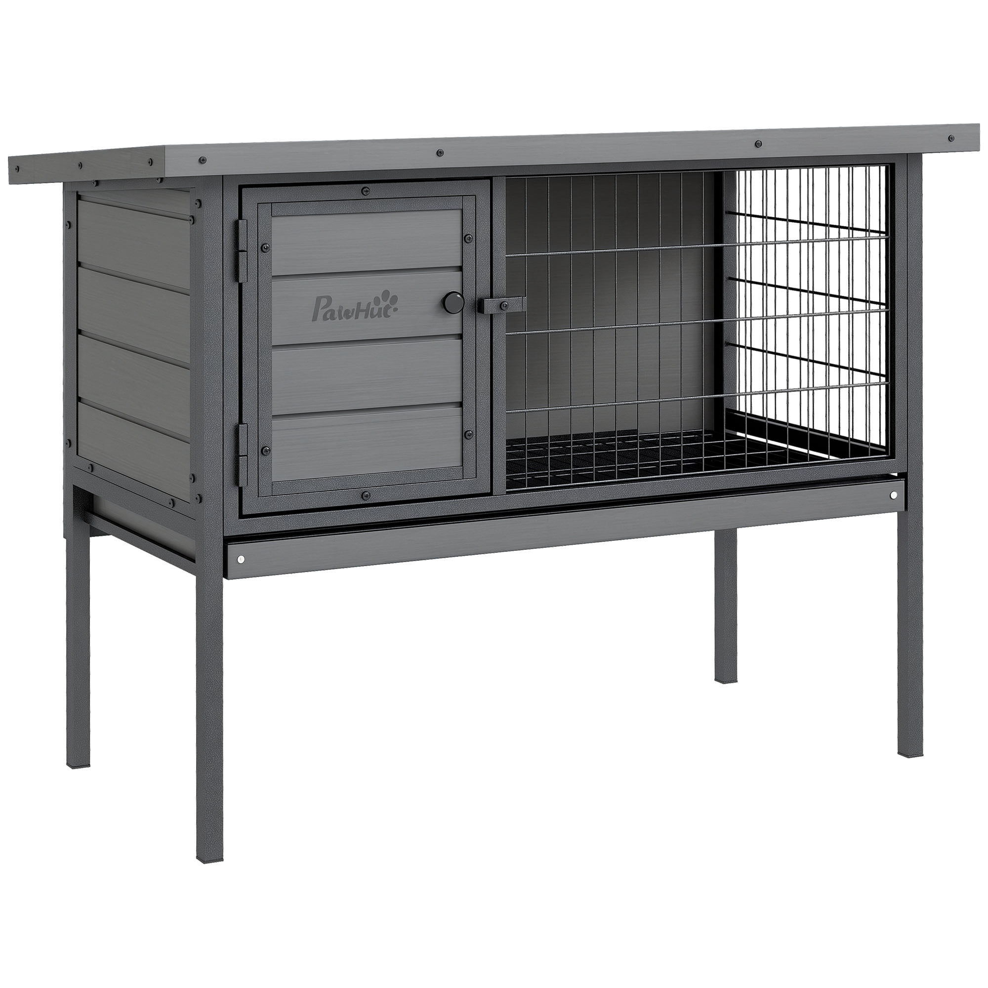 Rabbit Hutch Fir Wood Outdoor Indoor Cage - Lockable Doors, Slide-Out Tray, Asphalt Roof - Gray 36" L x 18" W x 28" H