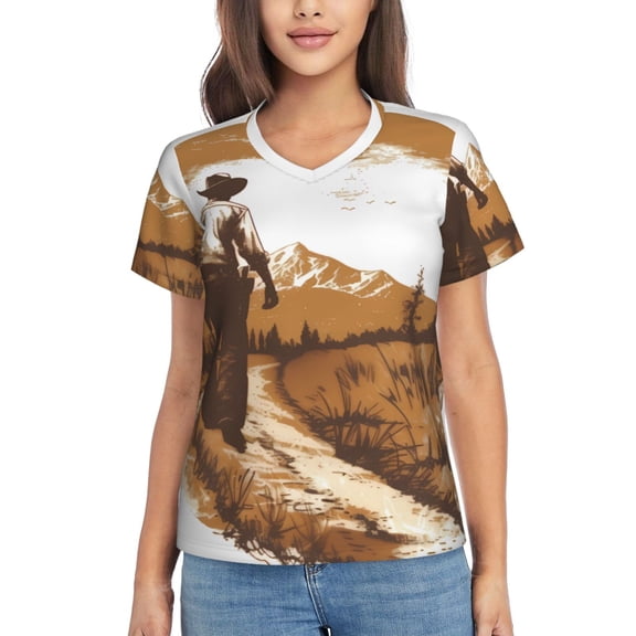 Vsdgher Western Cowboy Countryside Women Shirts V Neck Short Sleeve Tops T-Shirt Basic Tees, S to 3XLSmall