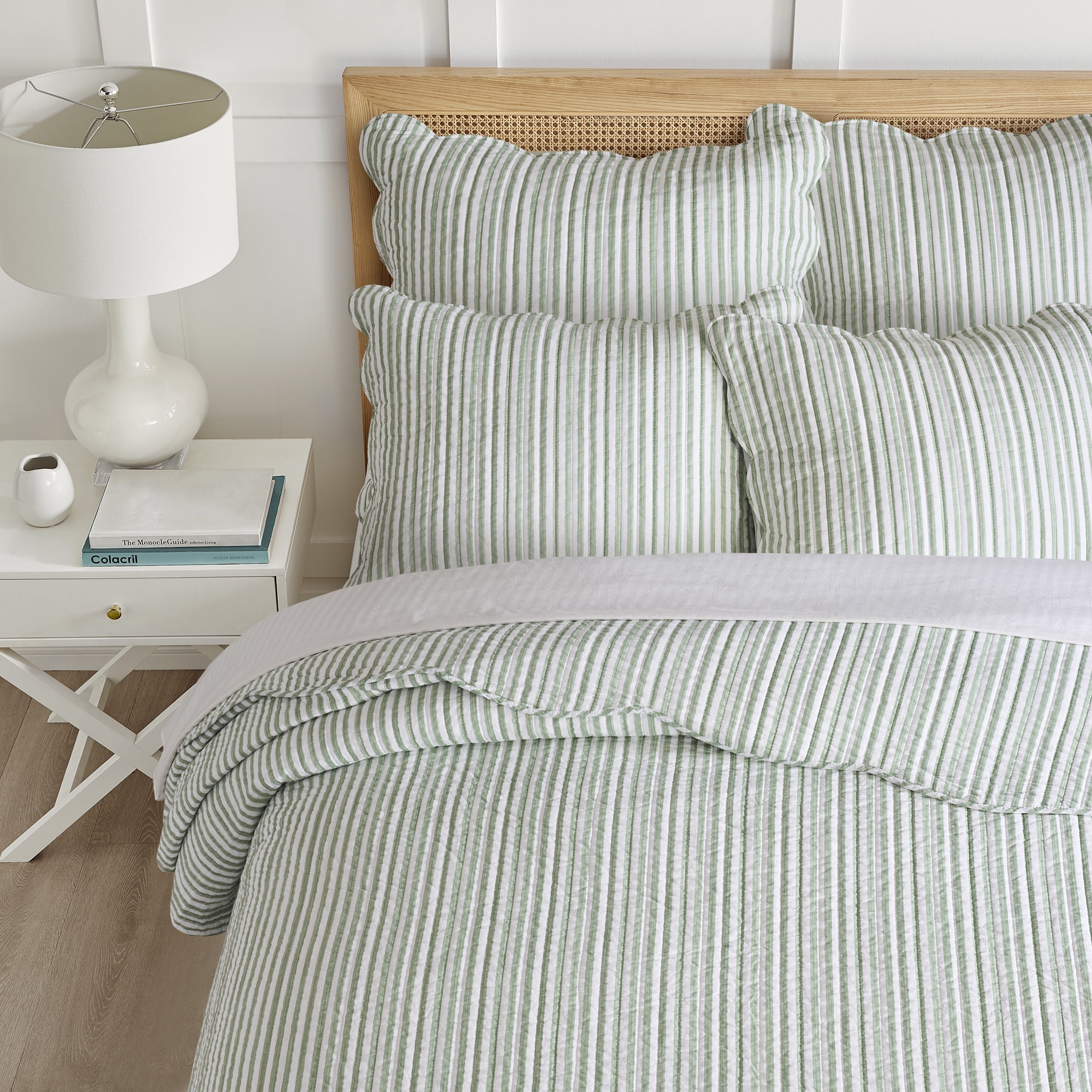 Levtex Home Martha Stripe Sage Reversible Twin XL / Twin Quilt Set (68x86in) with 1 Pillow Sham (26x20in) - Stripe Bedding - Sage, White - Cotton Twin Size Quilt Bedding Set - Scalloped Edge