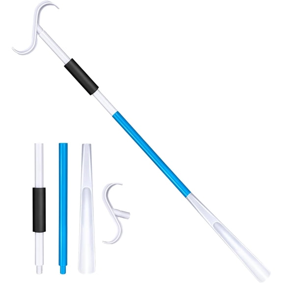 35 Inch Long Handle Shoe Horn for Seniors, Dressing Stick for Elderly, Sock Aids for Putting on Socks, Shirts, Shoes Blue/White