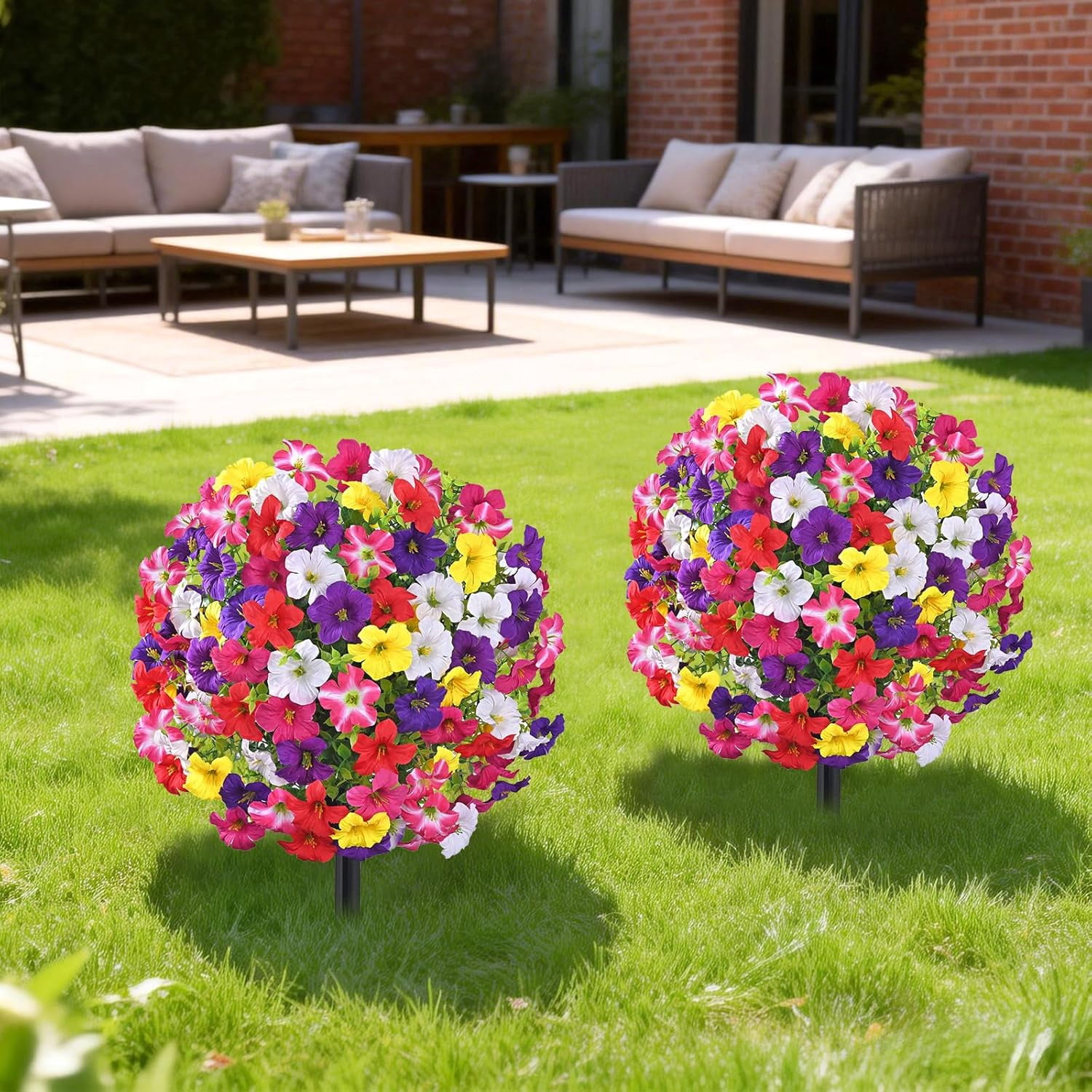 Yastouay 2 Packs Artificial Flowers Topiary Balls with Ground Spikes,23 Inch Colorful UV Resistant Faux Boxwood with Petunias Flowers for Outdoor Garden Decor