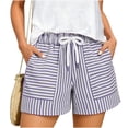 thumbnail image 3 of Women's Solid Color Striped Drawstring Elastic Waist Pants with Multi-Pockets, Soft Polyester Shorts for Casual Summer Travel & Active | TruBelle,Purple XL, 3 of 6
