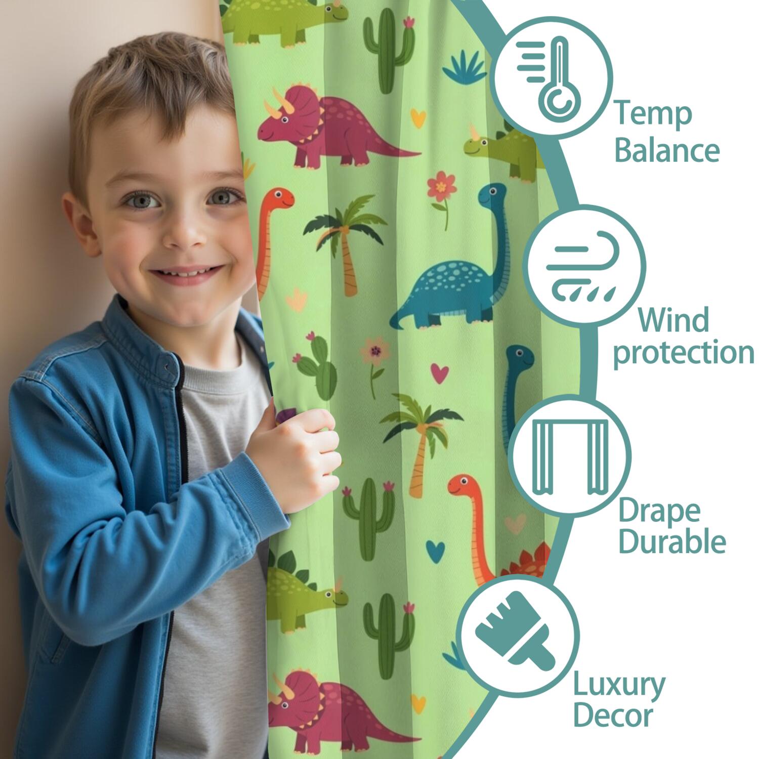 Blackout Kids Curtains,Green Dinosaurs Cacti Hearts Childrens Insulated Curtains Set Of 2,Bedroom Essentials,Toddler Room Decor 52"x63"
