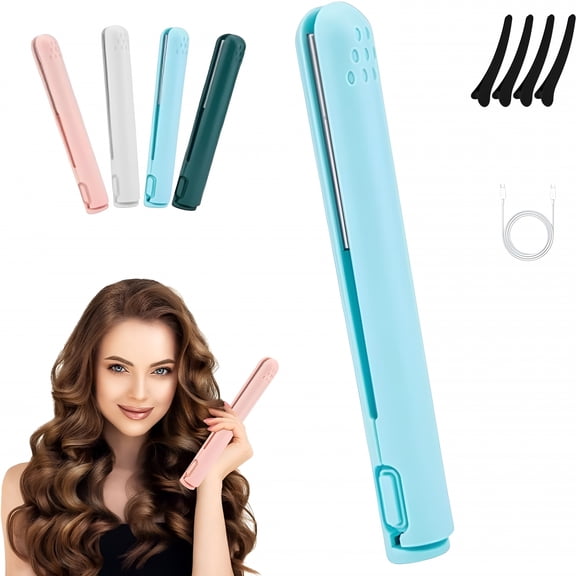 HIBIBUD Mini Dual Purpose Curling Iron, Cozy Home Curling Iron, 2-in-1 Portable Curling Wand Flat Iron Hair Straightener for All Hair Types (Blue)